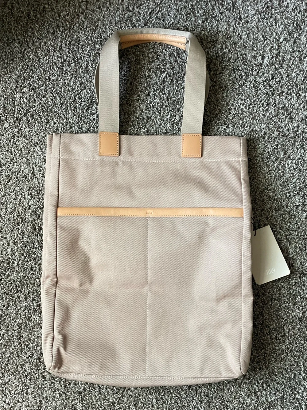 July Daybreak Taupe Beige Canvas Laptop Tote with Tan Accents